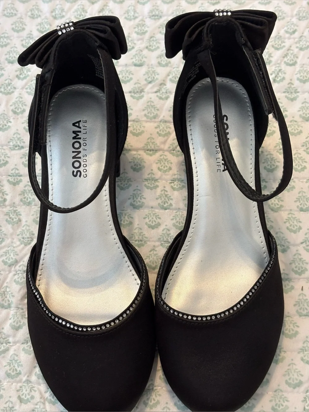 Sonoma Black Ankle-Strap Block Heels with Bow Accent